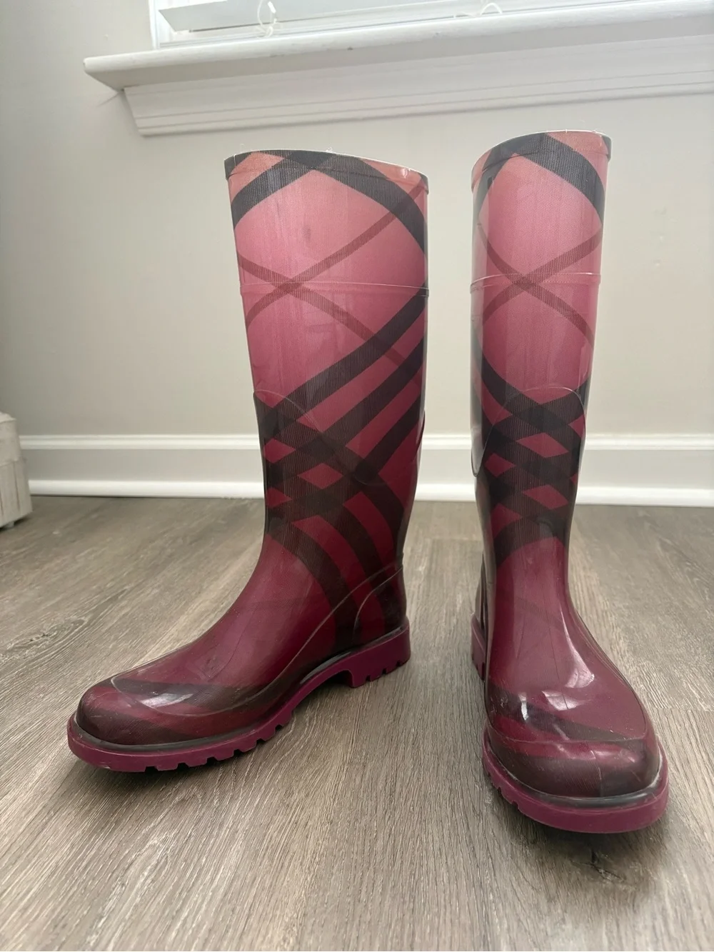 Burberry Pink and Black Patterned Tall Rain Boots